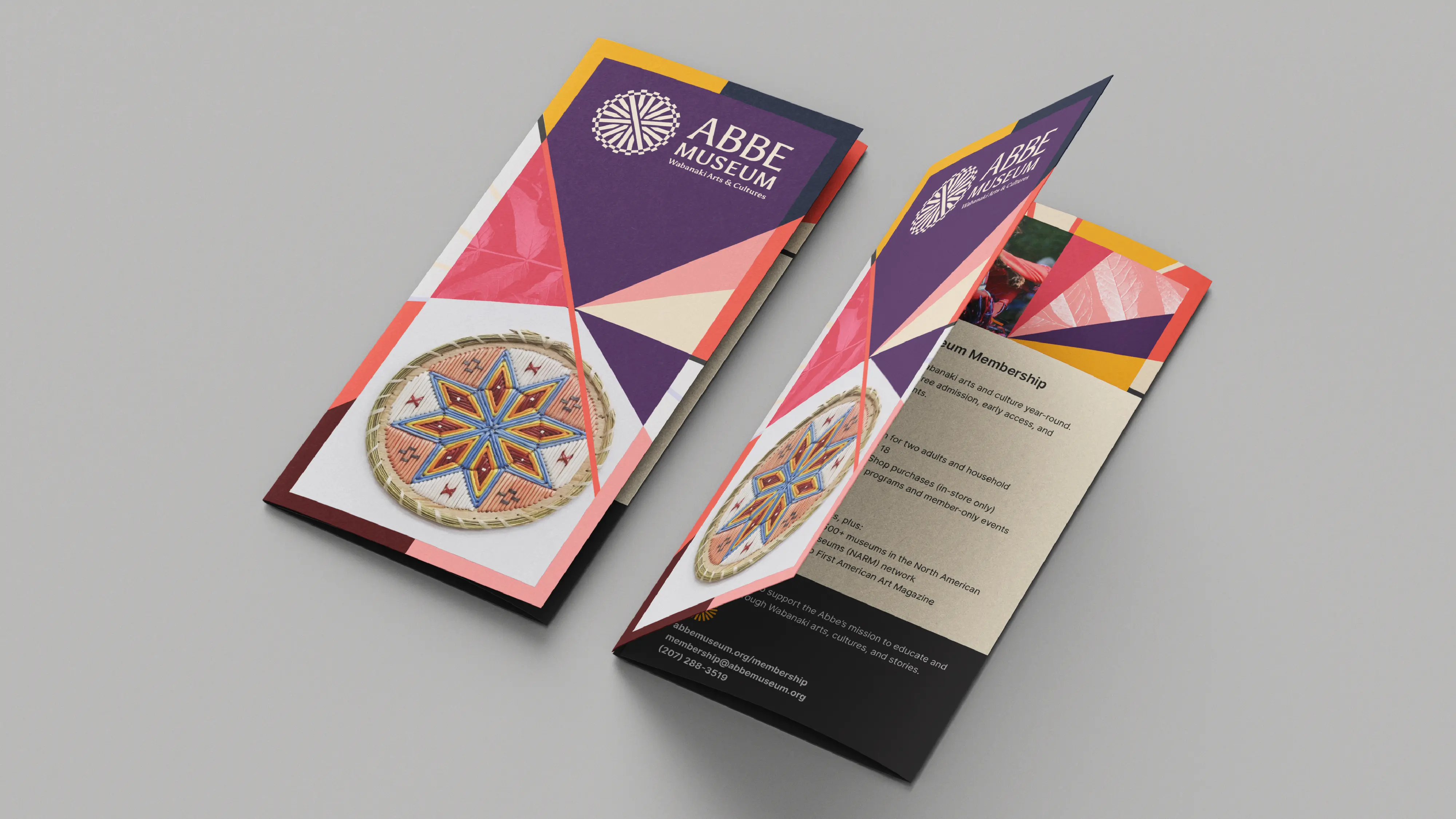 Abbe Museum brand redesign in use: tri-fold brochure and museum information with layout in use. Brand design by In-House International.