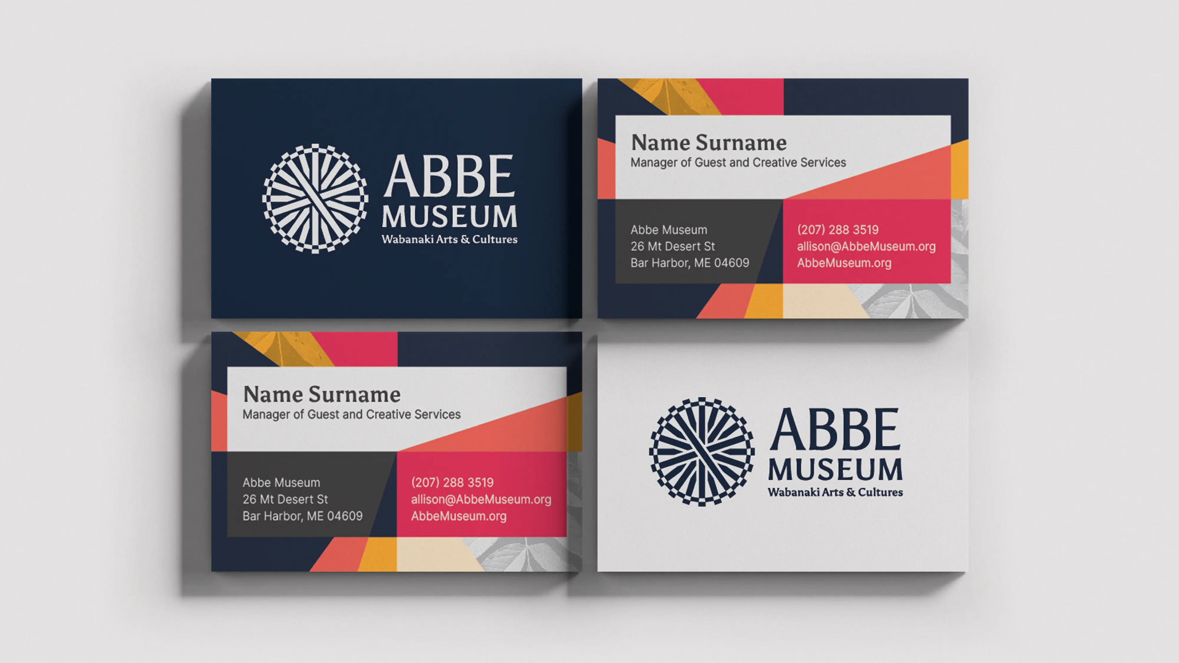 Abbe Museum brand redesign in use: staff business cards with radial layout. Brand design by In-House International.
