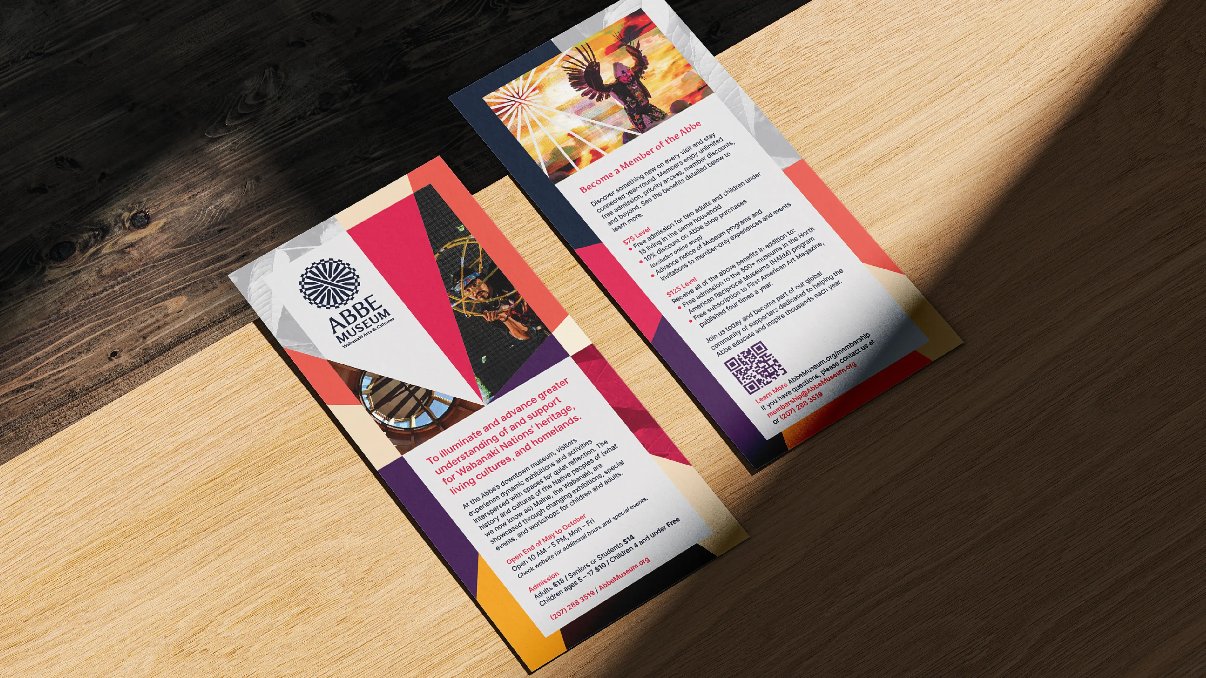 Abbe Museum brand redesign in use: Information card and museum information with layout in use. Brand design by In-House International. weareinhouse.com