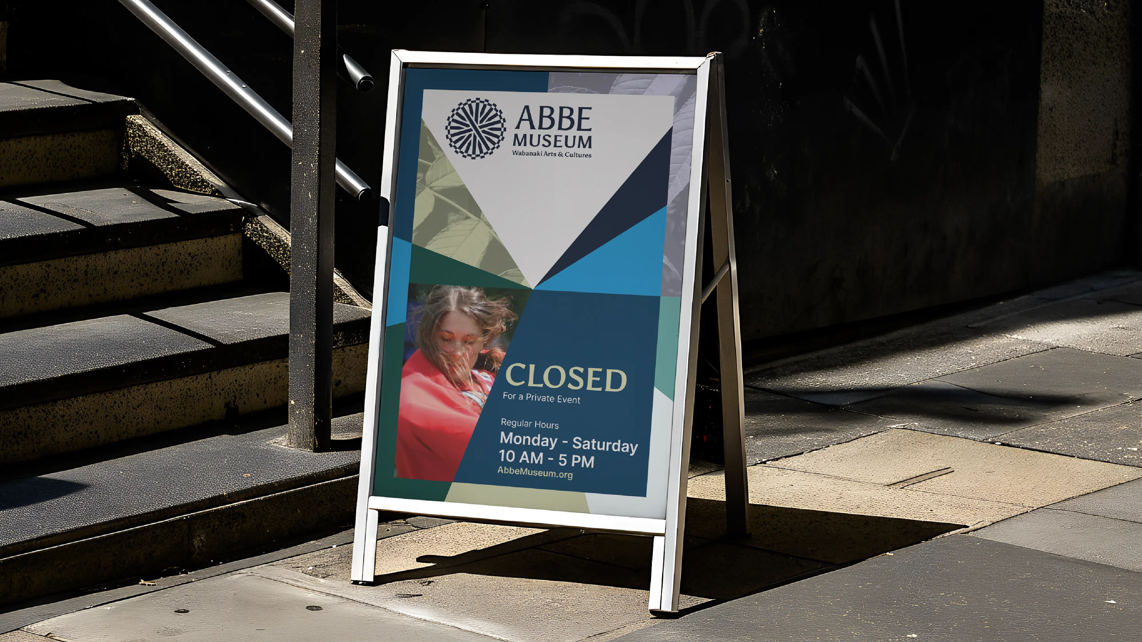 Abbe Museum new brand design in use - outdoor sandwich board hours / temporary and hours on-street sign with secondary color palette in use. Brand redesign by In-House International weareinhouse.com