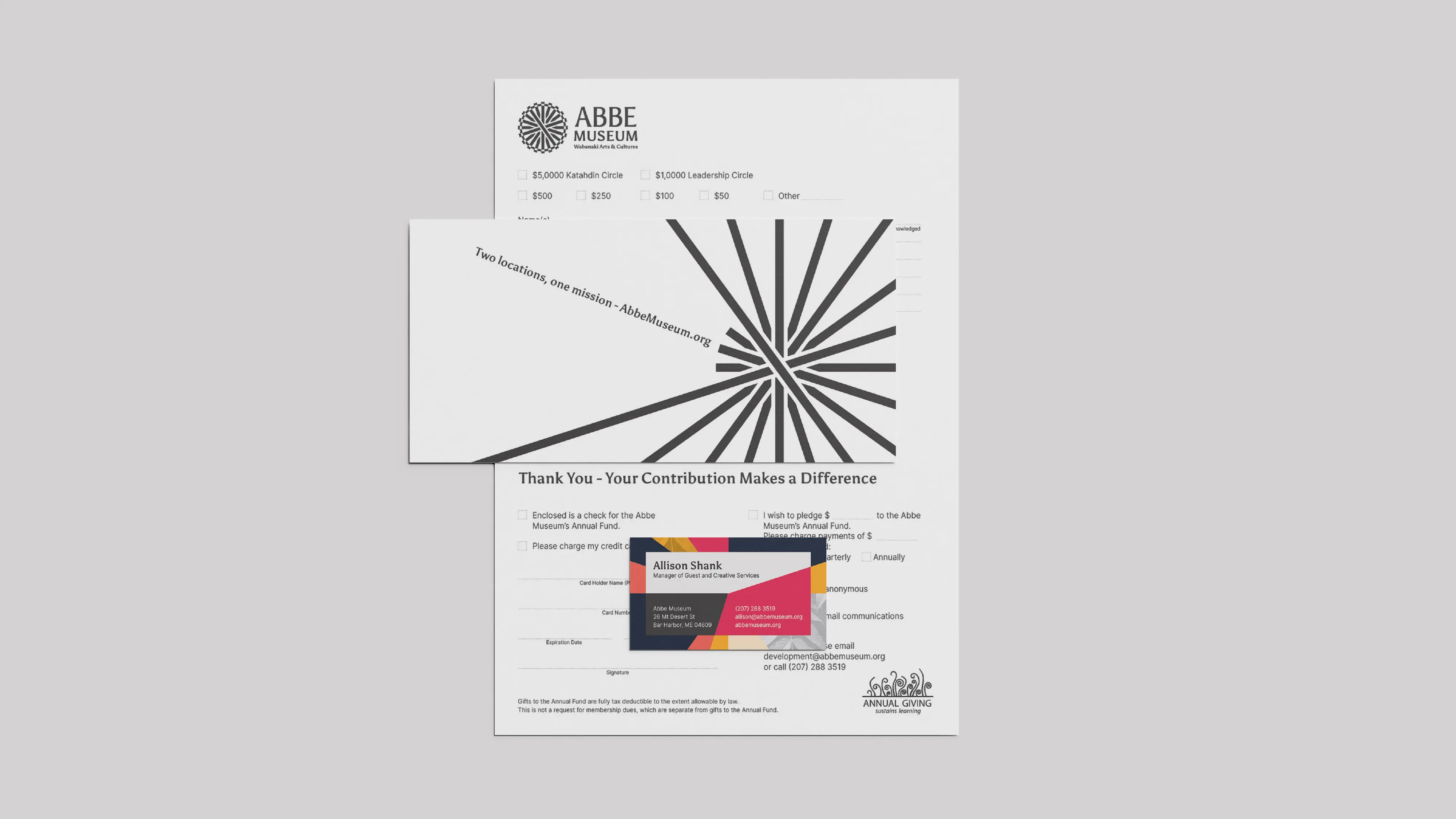 Abbe Museum brand redesign materials in use: Donor form, envelope and card combination for mail-in contributions and membership renewals. Brand design by In-House International. weareinhouse.com