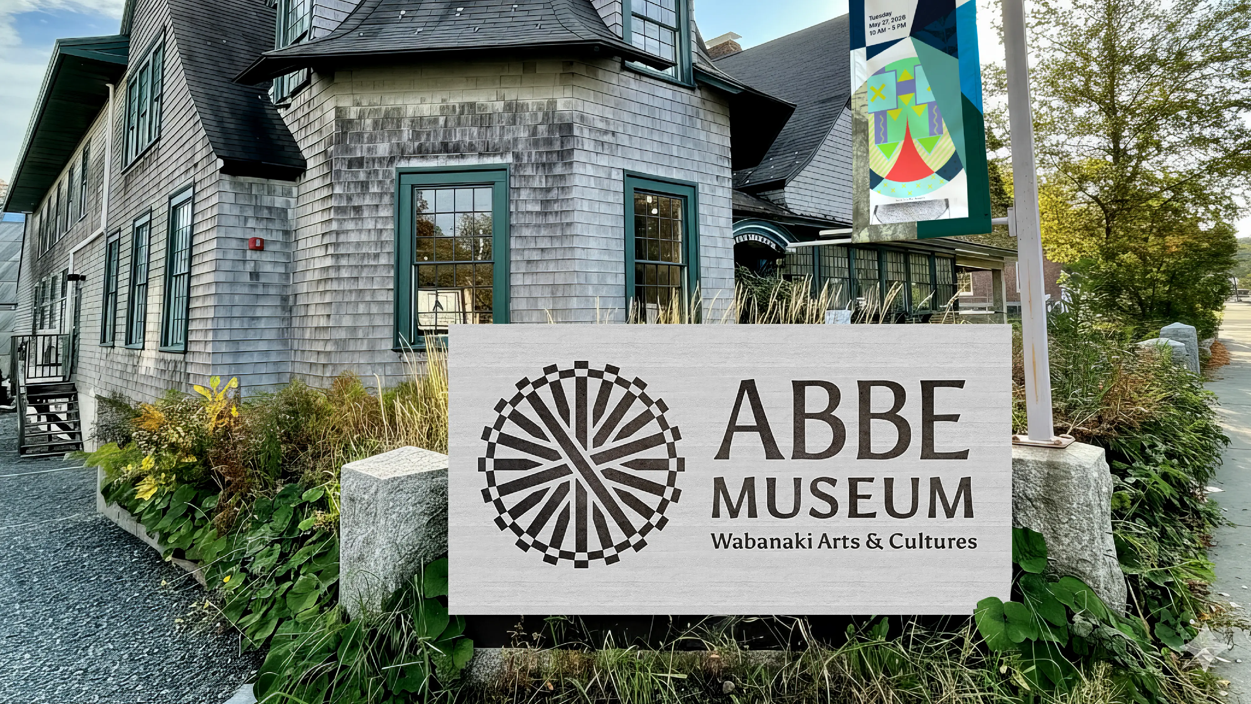 Abbe Museum new brand design in use - outdoor signage / pedestrian street side in main location. Brand redesign by In-House International weareinhouse.com